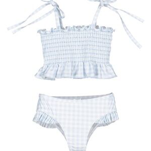 Sal & Pimenta Girls Smocked Bikini Bathing Suit - Light Blue Gingham Size 8T